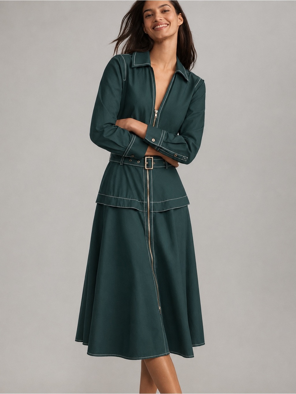 NWT 🆕✨Anthropologie ~ Green Asymmetrical Belted Front-Zip Midi Dress